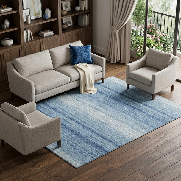 10' X 14' Blue And Ivory Striped Washable Area Rug With UV Protection