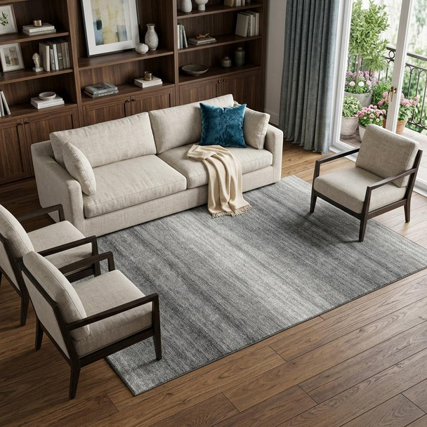8' X 10' Gray And Silver Striped Washable Area Rug With UV Protection