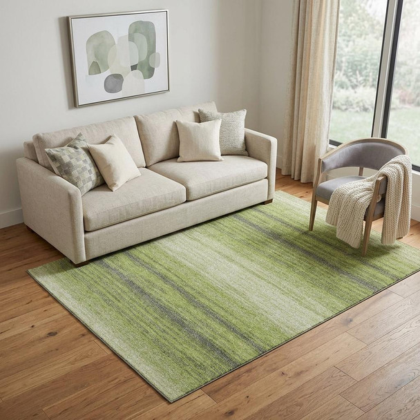 5' X 8' Lime Green Gray And Ivory Striped Washable Area Rug With UV Protection