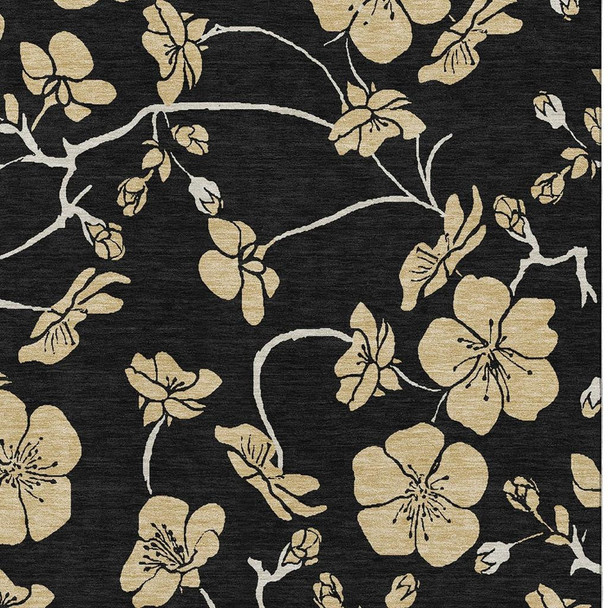 3' X 5' Black And Wheat Floral Washable Area Rug With UV Protection