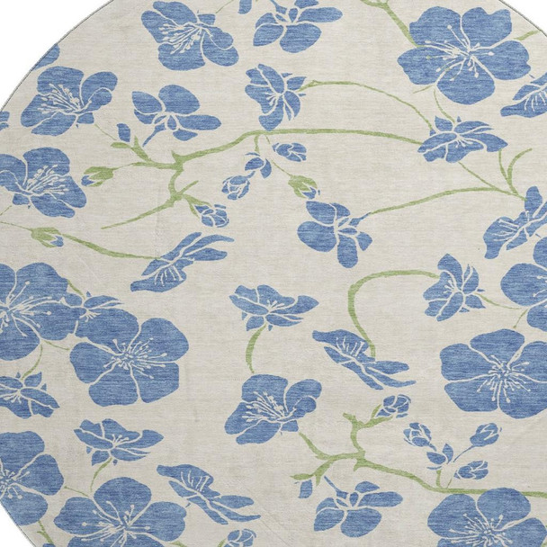 8' Linen Blue And Green Floral Washable Round Rug With UV Protection