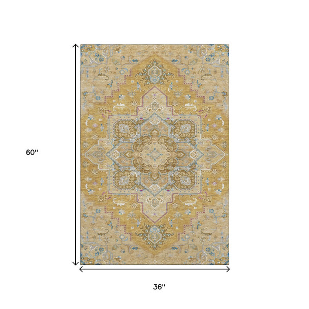 3' X 5' Gold Blue And Gray Oriental Washable Area Rug With UV Protection