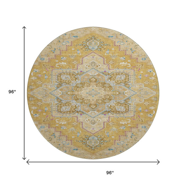 8' Gold Blue And Gray Oriental Washable Round Rug With UV Protection