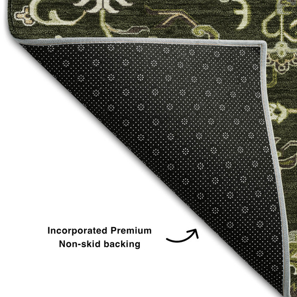 3' X 5' Olive Green Ivory And Beige Oriental Washable Area Rug With UV Protection