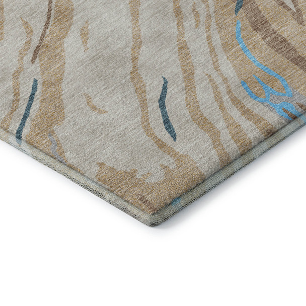 8' Beige Teal And Brown Abstract Washable Round Rug With UV Protection
