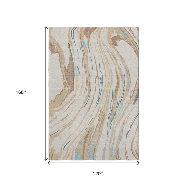 10' X 14' Beige Teal And Brown Abstract Washable Area Rug With UV Protection