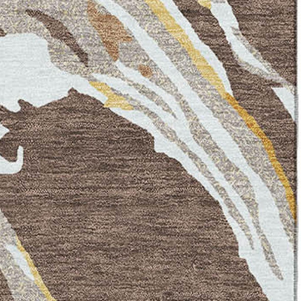 3' X 5' Brown Ivory And Taupe Abstract Washable Area Rug With UV Protection