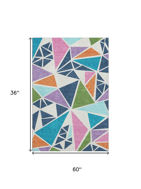 3' X 5' White Teal Pink And Orange Geometric Washable Area Rug With UV Protection