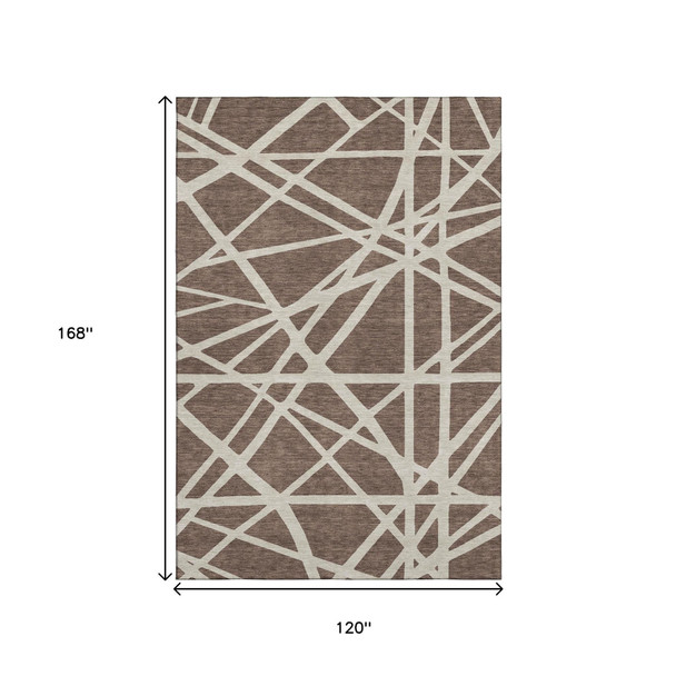 10' X 14' Brown And Ivory Geometric Washable Area Rug With UV Protection