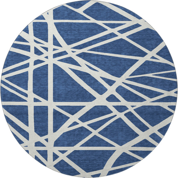 8' Navy Blue And Ivory Geometric Washable Round Rug With UV Protection