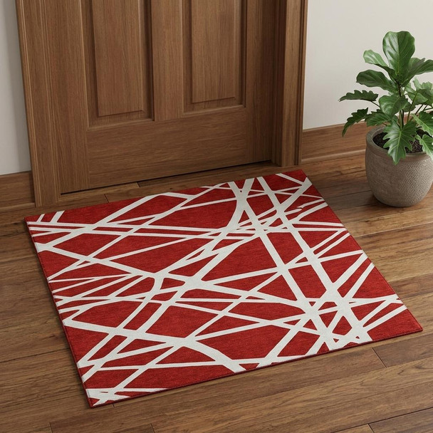 3' X 5' Red And Ivory Geometric Washable Area Rug With UV Protection