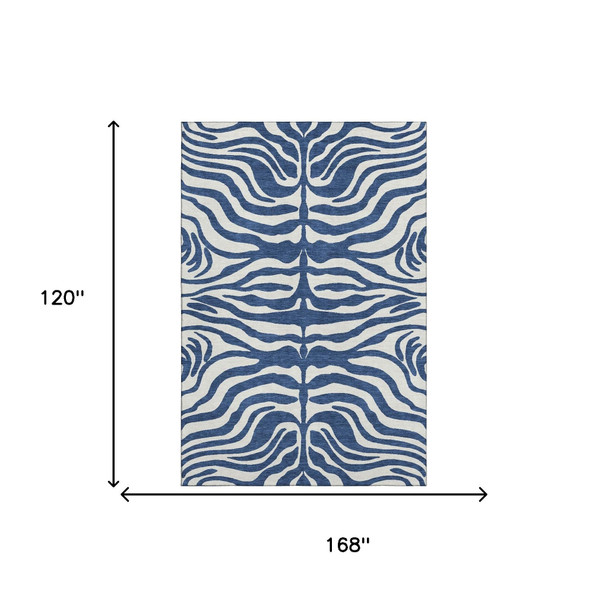 10' X 14' Navy Blue And Ivory Animal Print Washable Area Rug With UV Protection