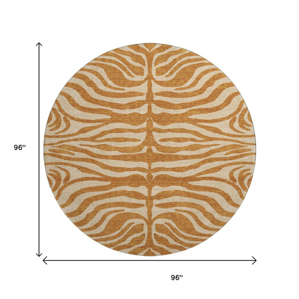 8' Rust And Beige Animal Print Washable Round Rug With UV Protection