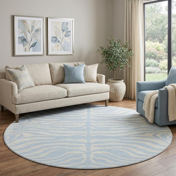 8' Sky Blue And Ivory Animal Print Washable Round Rug With UV Protection