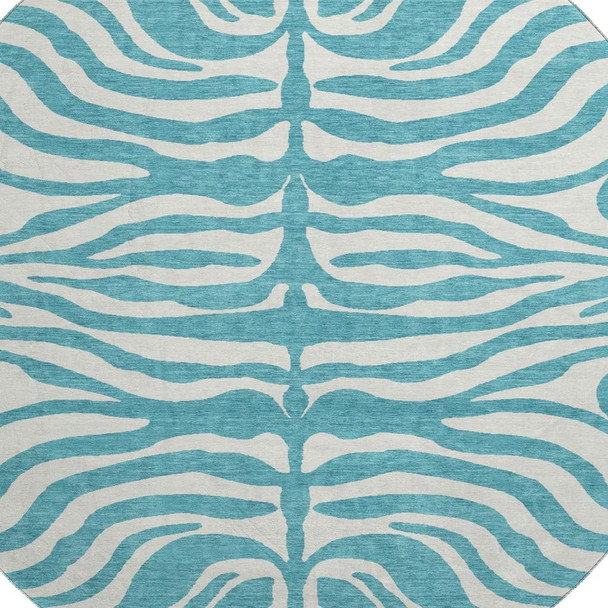 8' Teal And Ivory Animal Print Washable Round Rug With UV Protection