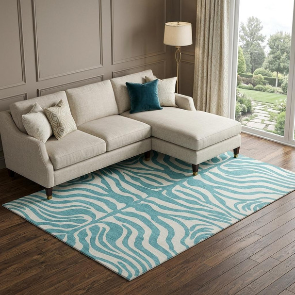9' X 12' Teal And Ivory Animal Print Washable Area Rug With UV Protection
