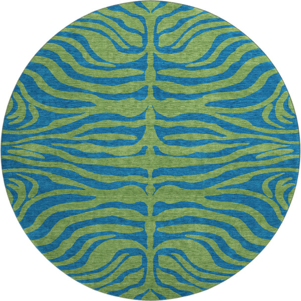8' Green And Navy Blue Animal Print Washable Round Rug With UV Protection