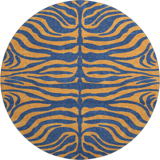 8' Navy Blue And Orange Animal Print Washable Round Rug With UV Protection