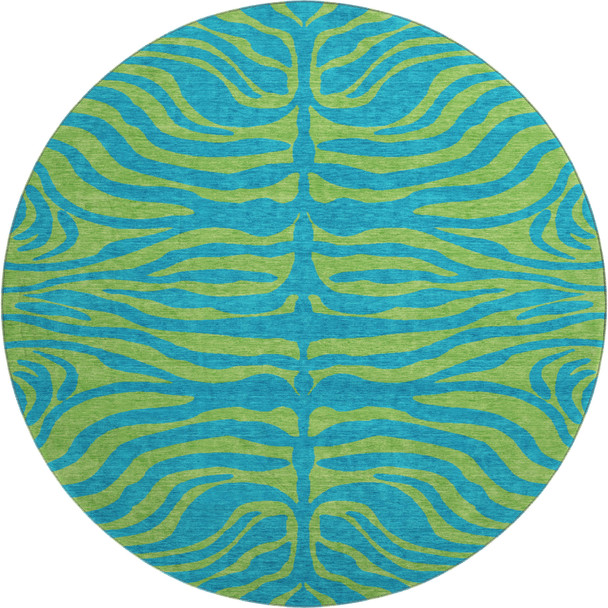 8' Teal And Lime Green Animal Print Washable Round Rug With UV Protection