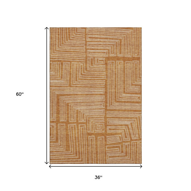 3' X 5' Rust And Ivory Geometric Washable Area Rug With UV Protection