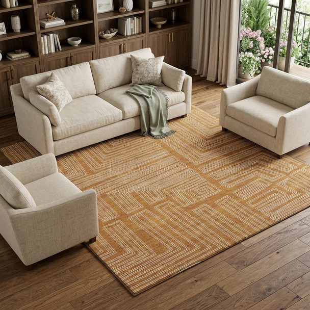 8' X 10' Rust And Ivory Geometric Washable Area Rug With UV Protection