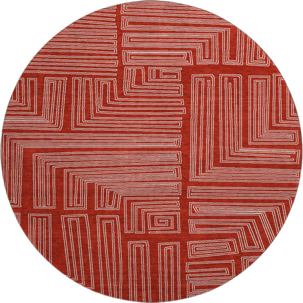 8' Red And Ivory Geometric Washable Round Rug With UV Protection