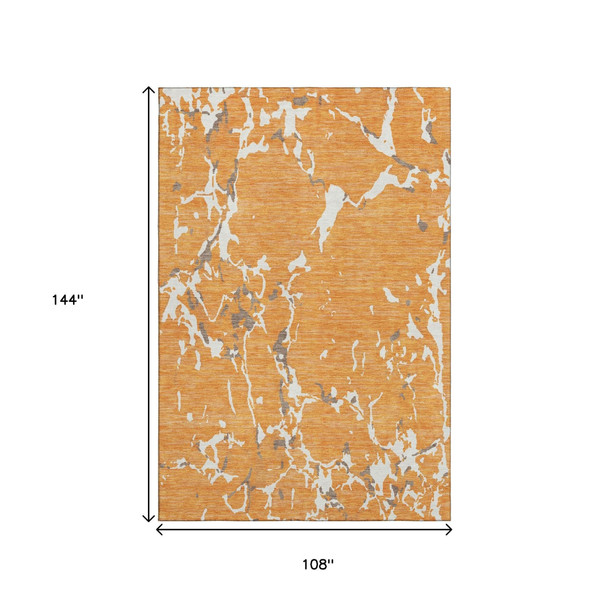 9' X 12' Orange Ivory And Gray Striped Washable Area Rug With UV Protection