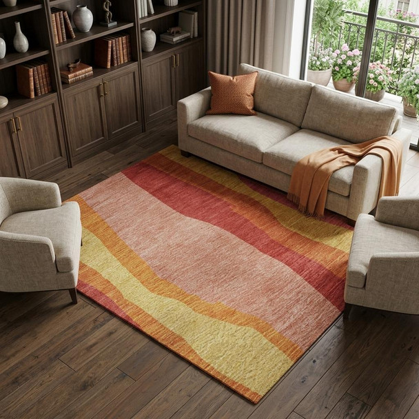 9' X 12' Blush Orange And Wheat Abstract Washable Area Rug With UV Protection