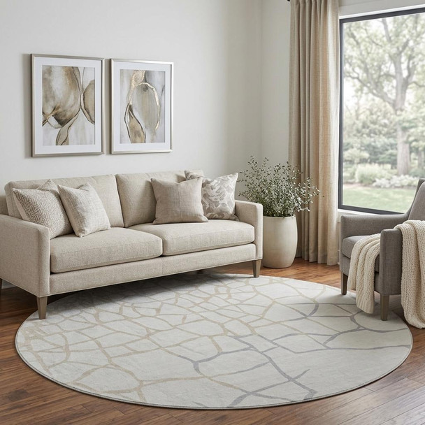 8' Ivory Taupe And Gray Abstract Geometric Washable Round Rug With UV Protection