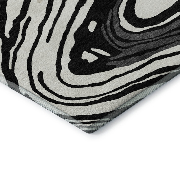 8' Black Ivory And Gray Abstract Washable Round Rug With UV Protection