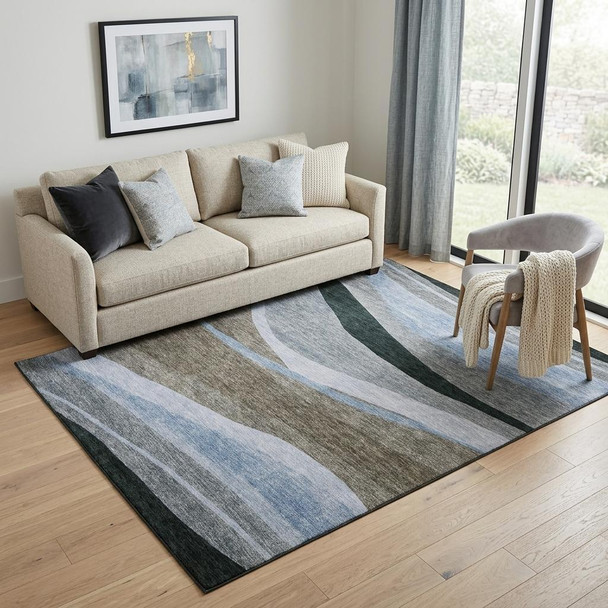 5' X 8' Brown Blue And Silver Abstract Washable Area Rug With UV Protection