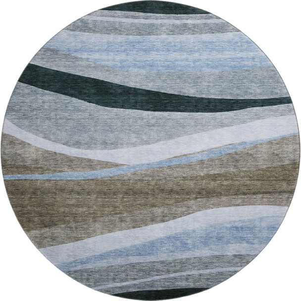 8' Brown Blue And Silver Abstract Washable Round Rug With UV Protection