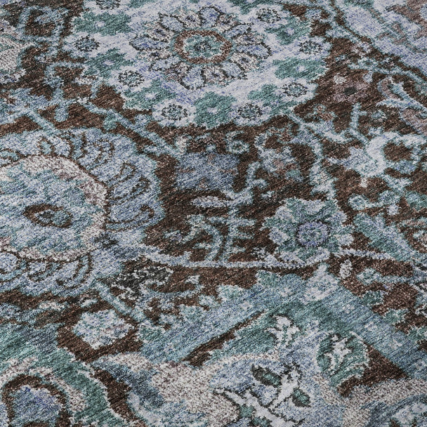 3' X 5' Chocolate And Teal Damask Washable Area Rug With UV Protection