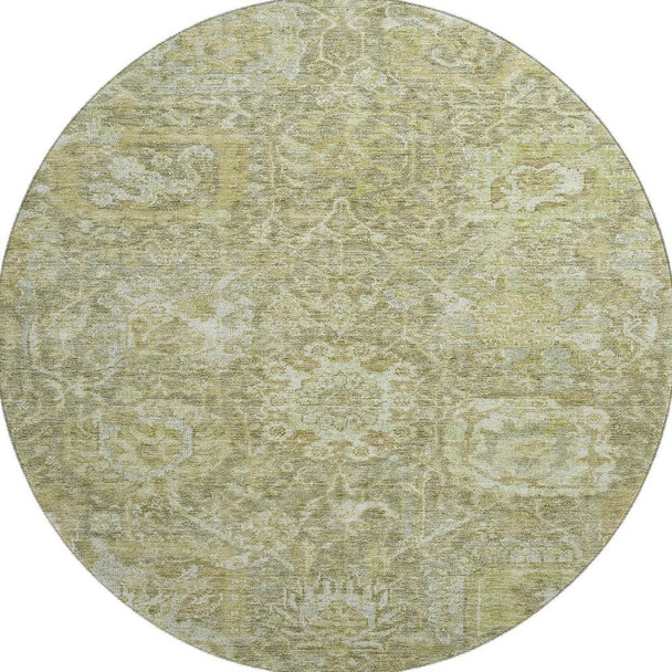 8' Sage And Ivory Damask Washable Round Rug With UV Protection