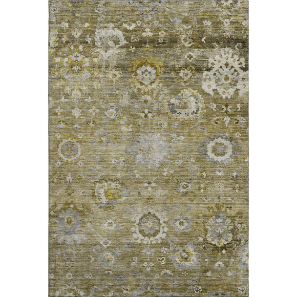 5' X 8' Brown Gray And Gold Floral Washable Area Rug With UV Protection