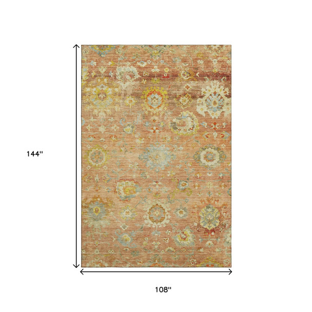 9' X 12' Coral Gold And Blue Floral Washable Area Rug With UV Protection