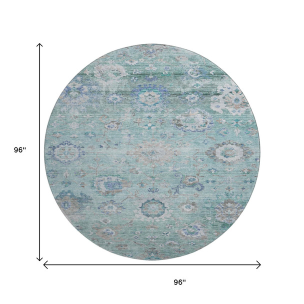 8' Aqua Beige And Taupe Floral Washable Round Rug With UV Protection