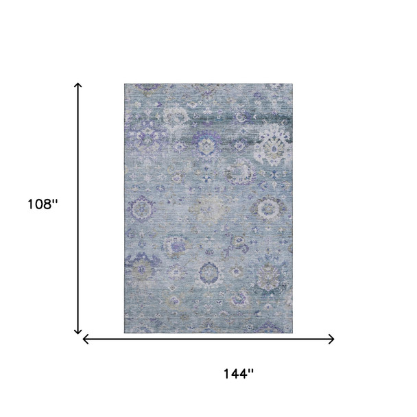 9' X 12' Sky Blue Beige And Purple Floral Washable Area Rug With UV Protection