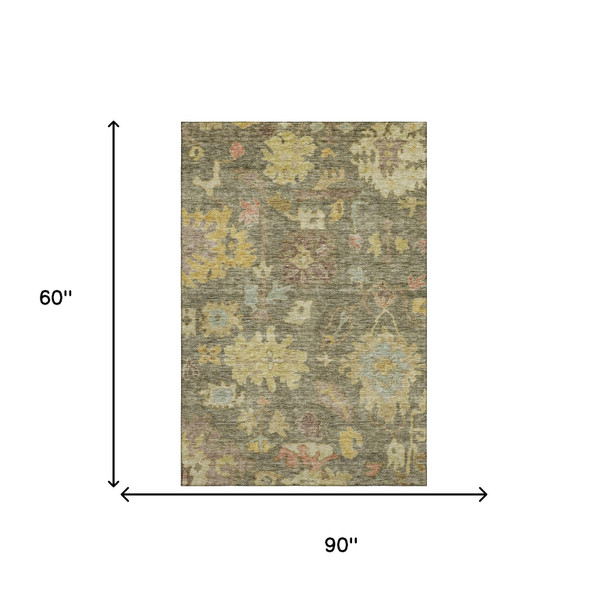 5' X 8' Artichoke Green Gold And Gray Floral Washable Area Rug With UV Protection