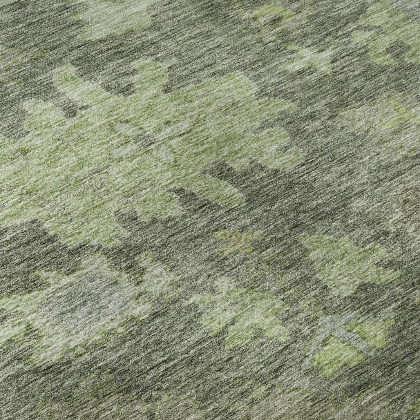 8' Fern Green And Gray Floral Washable Round Rug With UV Protection
