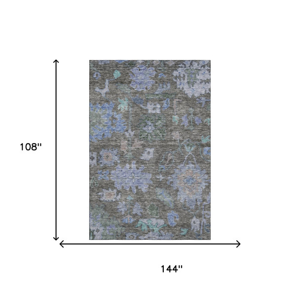 9' X 12' Taupe Blue And Brown Floral Washable Area Rug With UV Protection