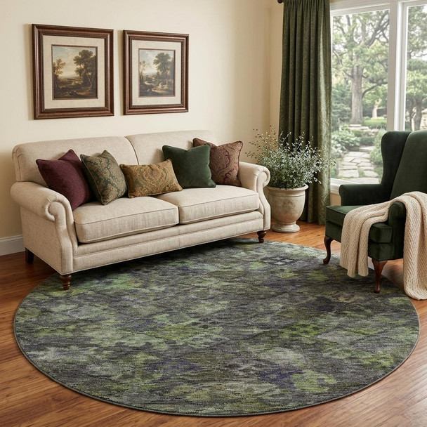 8' Green Gray And Purple Abstract Geometric Washable Round Rug With UV Protection