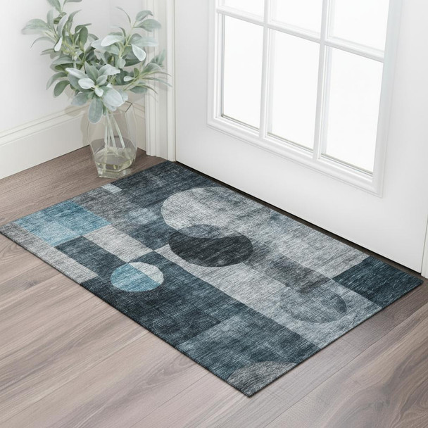 3' X 5' Teal Gray And Silver Geometric Washable Area Rug With UV Protection