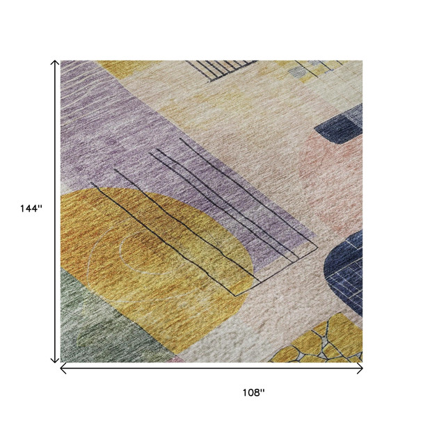 9' X 12' Plum Gold And Navy Blue Abstract Geometric Washable Area Rug With UV Protection