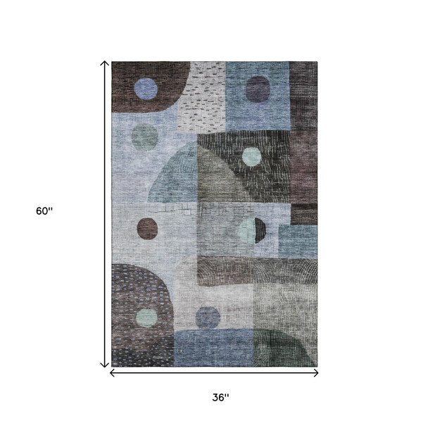 3' X 5' Blue Gray And Silver Geometric Washable Area Rug With UV Protection