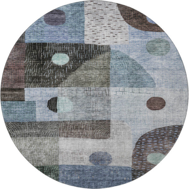 8' Blue Gray And Silver Geometric Washable Round Rug With UV Protection