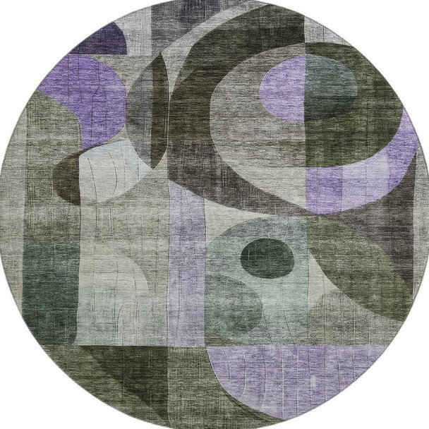 8' Olive Green Purple And Brown Geometric Washable Round Rug With UV Protection