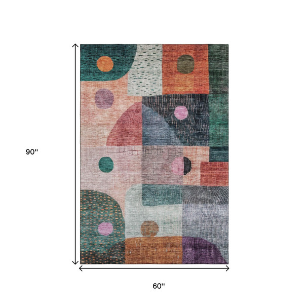 5' X 8' Orange Teal And Purple Geometric Washable Area Rug With UV Protection