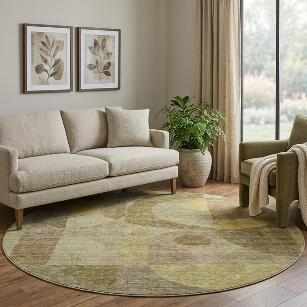 8' Wheat Beige And Gold Abstract Geometric Washable Round Rug With UV Protection
