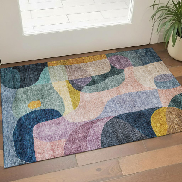 3' X 5' Green Purple Gold And Teal Abstract Geometric Washable Area Rug With UV Protection